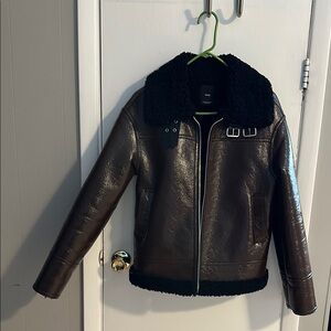 Trendy Brown Faux Leather Jacket with Black Shearling